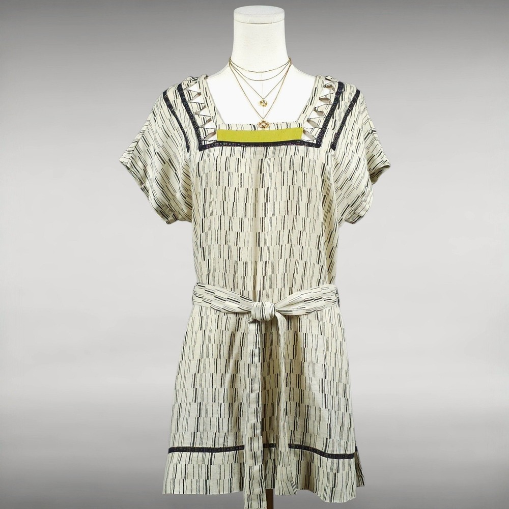 Vineet Bahl Belted Cotton Tunic Boho Resort Square Neck Ivory Black Medium